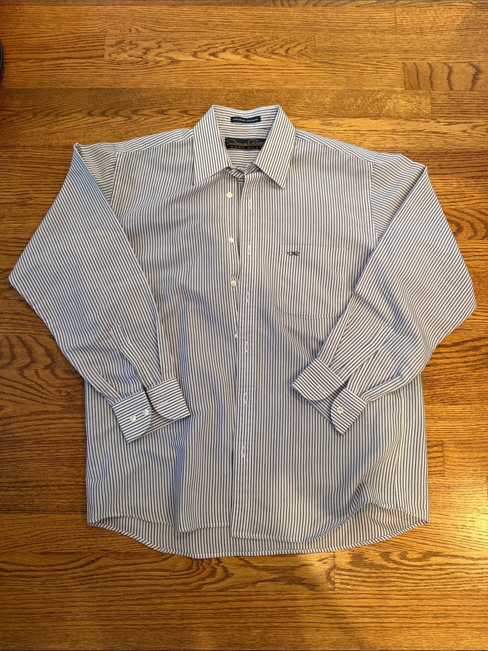 Oscar de la Renta Blue and White Pinstripe Dress Shirt Men’s but fits Woman’s M
